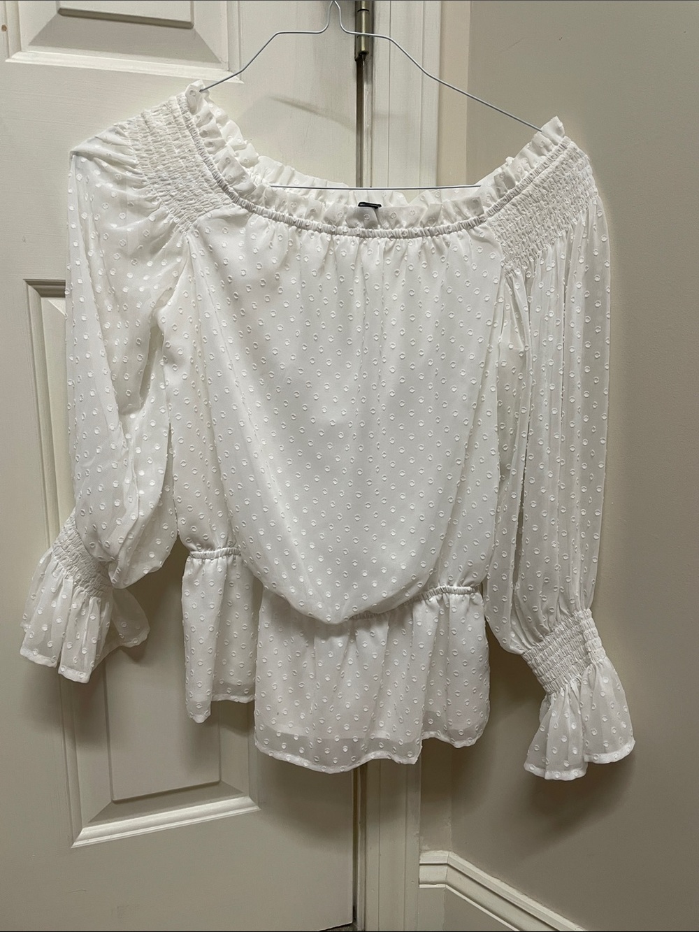 INC International Concepts White Swiss Dot Off-Shoulder Peplum Blouse